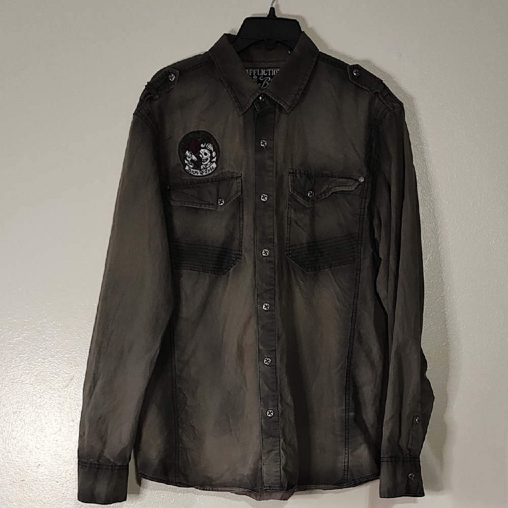 Affliction Black Ghost Green Live Fast Skull Wings Button Up/down Men Shirt